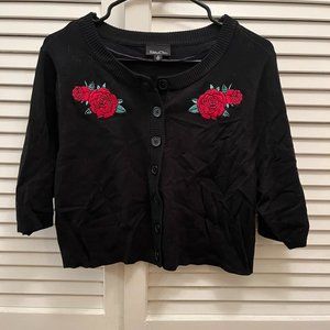 Black Cropped Sweater with Embroidered Rose Detail
